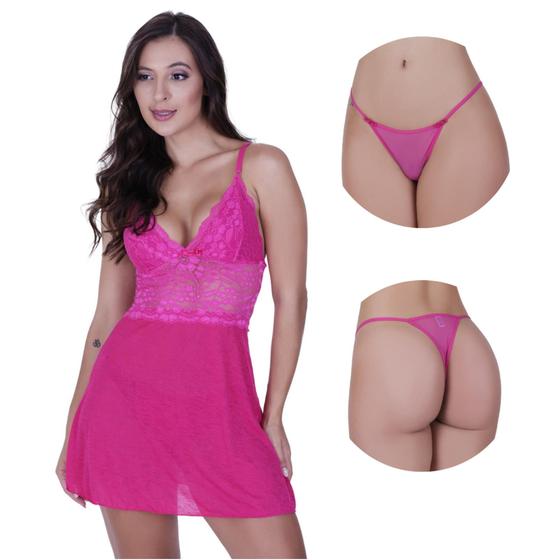 Imagem de Camisola sem Bojo com Detalhe Renda Calcinha Tule Transparente - JOANA