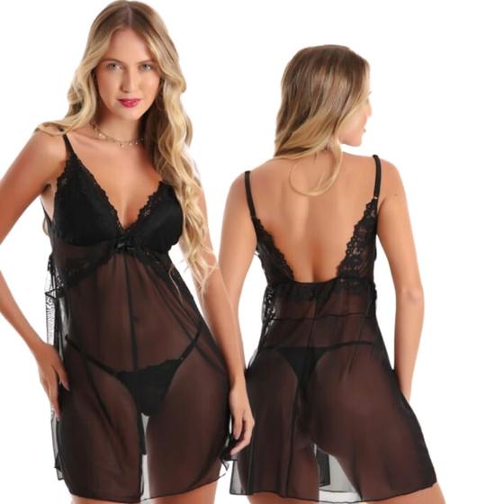 Imagem de Camisola Sensual Tule C/ Calcinha Renda Linha Noite Lingerie