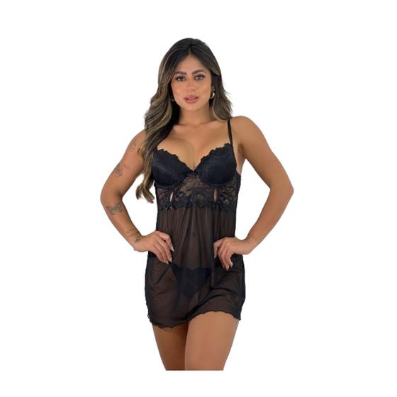 Imagem de Camisola Sensual Tule e Renda Bojo Baby Doll Pijama Feminina Preto