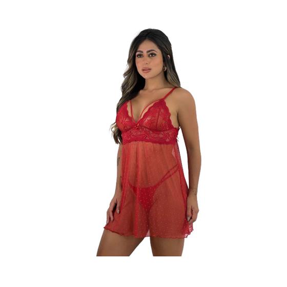 Imagem de Camisola Sensual Tule Renda Sem Bojo Baby Doll Pijama Feminina Rubi