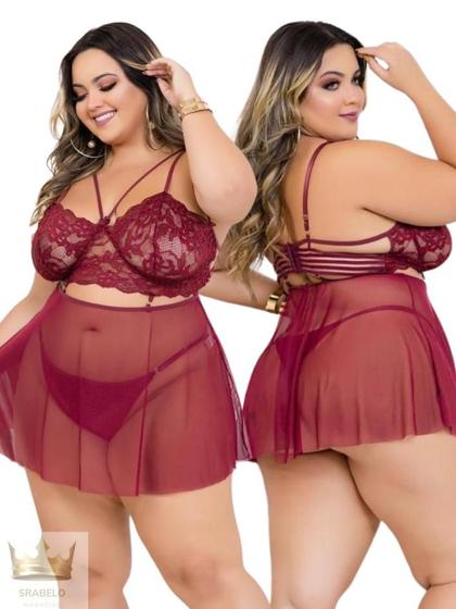 Imagem de Camisola Sexy lingerie Plus Size renda e tule + Calcinha fio duplo