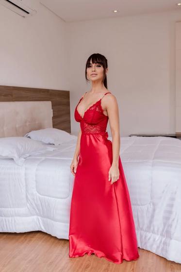 Imagem de Camisola Vermelha Longa Em Cetim Com Toque Gloss Spam  Universo Feminino