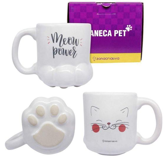 Imagem de Caneca 3D Pata Gato Gatinho Meow Power Porcelana Branca 350M - Zona Criativa