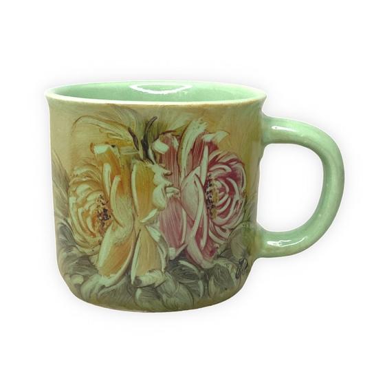 Imagem de Caneca Ágata Café com Leite Chá de Porcelana 200 ml Colorida e Pintada à Mão ROSAS ROSA AMARELA COR VERDE