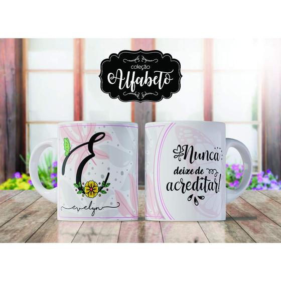 Imagem de Caneca Alfabeto Floral Personalizada Com Inicial Nome E Frase Todas As Letras E Nome Presente