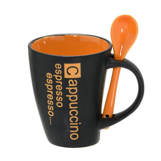 Imagem de Caneca Cappuccino com colher 325ml Laranja e preto 11cm