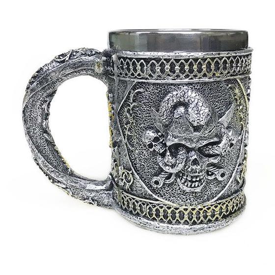 Imagem de Caneca Caveira Pirata Cobra 3D - Resina/ Inox Cerveja Chopp Rum 400ml