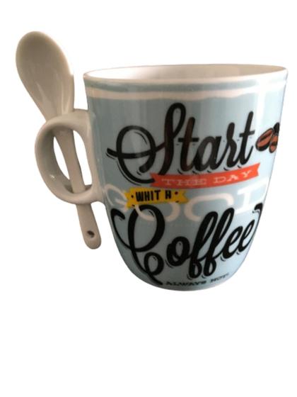 Imagem de Caneca Cerâmica com Colher Start Coffee Azul Claro 240ml