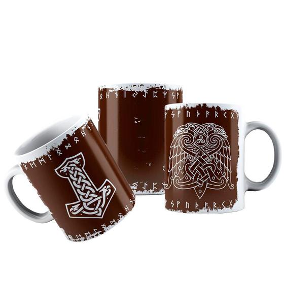 Imagem de Caneca Cerâmica Escritos Nórdicos Símbolos Odin Mjolnir Thor