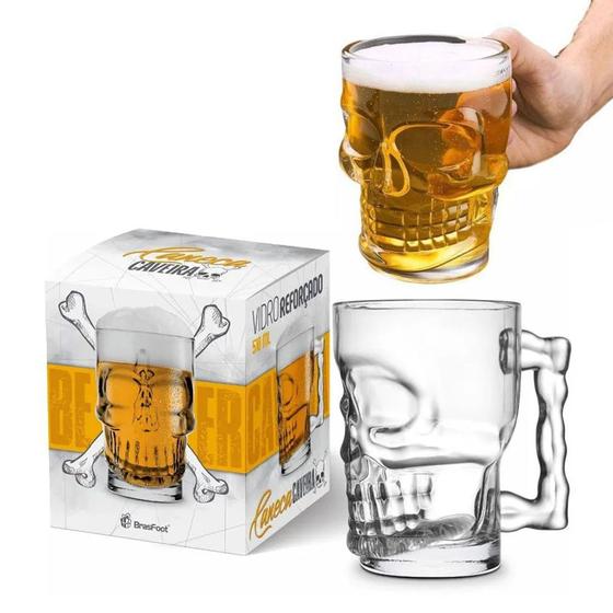 Caneca Chopp E Cerveja De Vidro Caveira Rock Style 510ml
