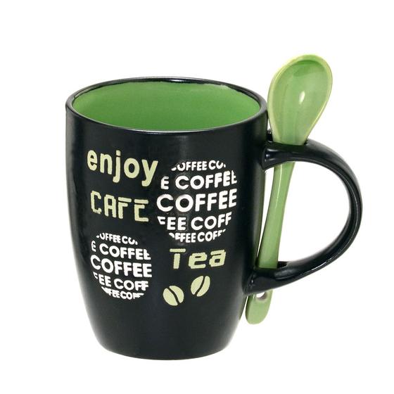 Imagem de Caneca Coffee com colher 325ml verde e preto 12cm