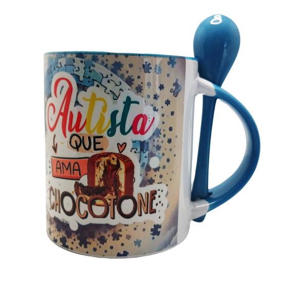 Imagem de Caneca com colher Azul Autista que ama Chocotone + chaveiro