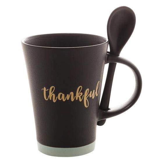 Imagem de Caneca Com Colher Thankful Preto Matt/Azul 310Ml Bon Gourmet