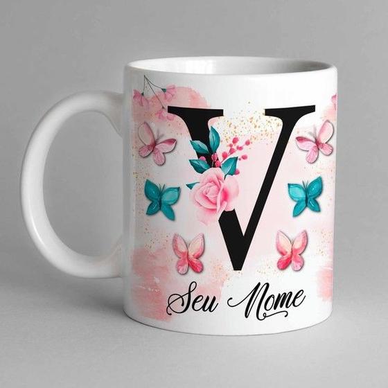 Imagem de Caneca Com Inicial e Nome Borboleta Porcelana Personalizada Presente Criativo 325 Ml Presentear