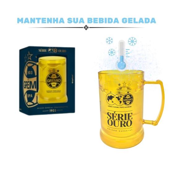 Imagem de Caneca Copo Gel 300ml + Cordão 65cm Isolante Térmico Chopp Cerveja Time Grêmio Série Ouro Especial