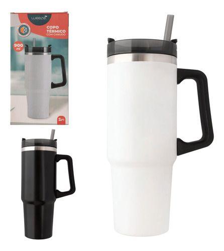 Imagem de Caneca Copo Térmico 900ml Aço Inox Com Tampa Canudo E Alça Cor Preto