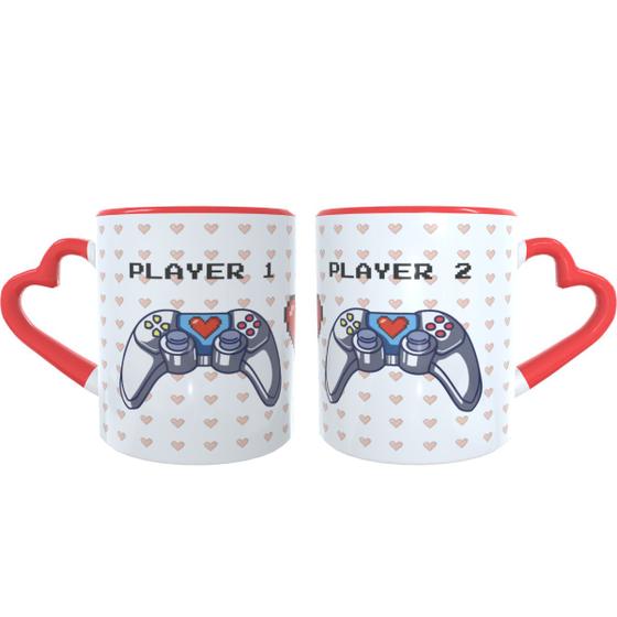 Imagem de Caneca Coração Casal Controle Player 1 e 2 Namorados Geek