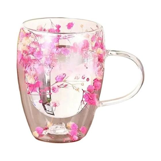 Imagem de Caneca De Café De Vidro De Parede Dupla Resistente Ao Calor 350ML Com Alça Preenchimento De Flores