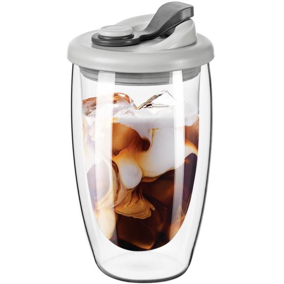 Imagem de Caneca de Café PARACITY de Vidro com Parede Dupla - 450ml - Tampa Cinza