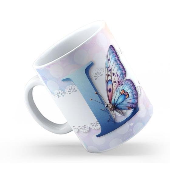 Imagem de Caneca de Cerâmica 325ml Personalizada Com Seu Nome Alfabeto Butterfly Borboletas