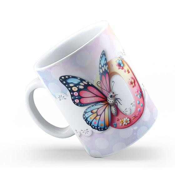 Imagem de Caneca de Cerâmica 325ml Personalizada Com Seu Nome Alfabeto Butterfly Borboletas