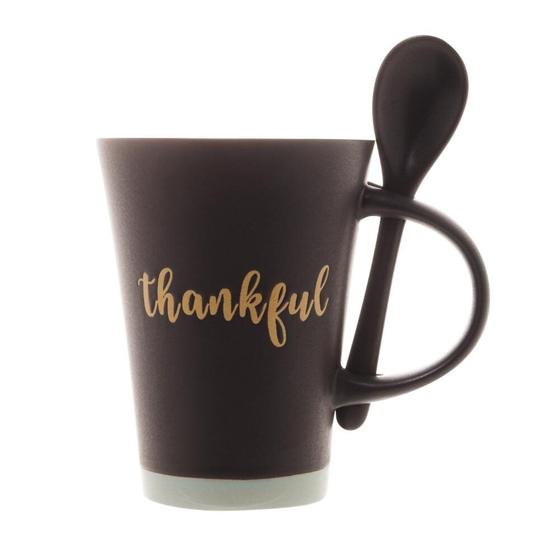 Imagem de Caneca de Cerâmica com Colher Thankful Preto Matt Azul 310ml