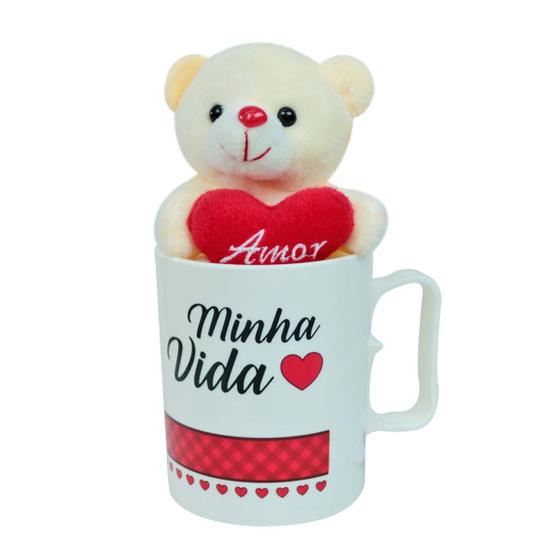 Imagem de Caneca de plástico com ursinho de poliester ventosa e chaveiro