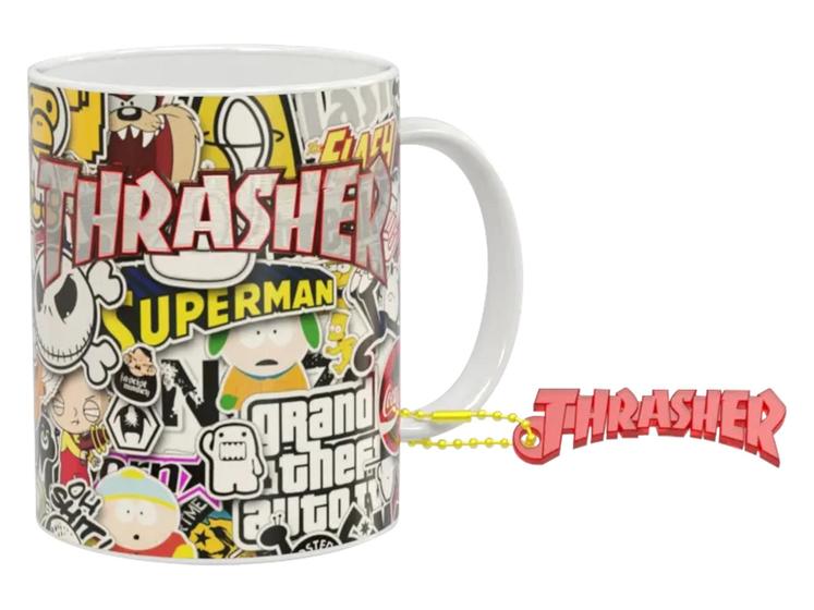 Imagem de Caneca de Porcelana 325ml Thrasher THR7d. Acompanha um exclusivo chaveiro de resina no mesmo tema