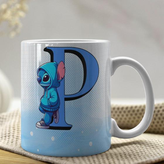 Imagem de Caneca de Porcelana Personalizada Stitch Letras A-Z 325ml Azul