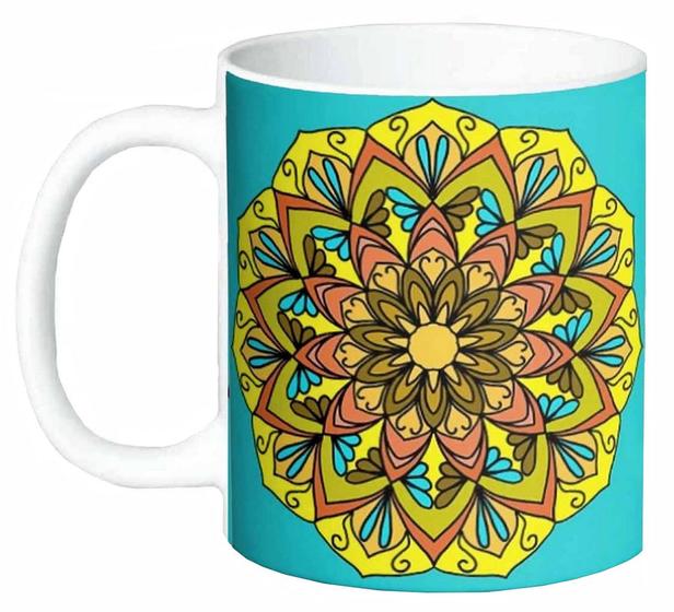 Imagem de Caneca De Porcelana Personalizada Xícara Estampada Decorativa Café 325 ML Mandala Liberdade Azul Amarelo Laranja