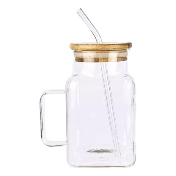 Imagem de Caneca De Vidro Com Tampa De Bambu E Canudo Transparente 620ml