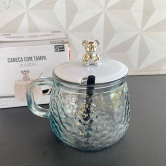 Imagem de Caneca de vidro com tampa de plástico de ursinho 320ml com colher para café chá leite xícara