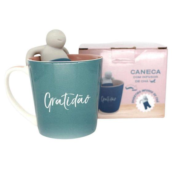 Imagem de Caneca Gratidão Com Boneco Infusor De Chá Cerâmica 350 ML - Zona Criativa