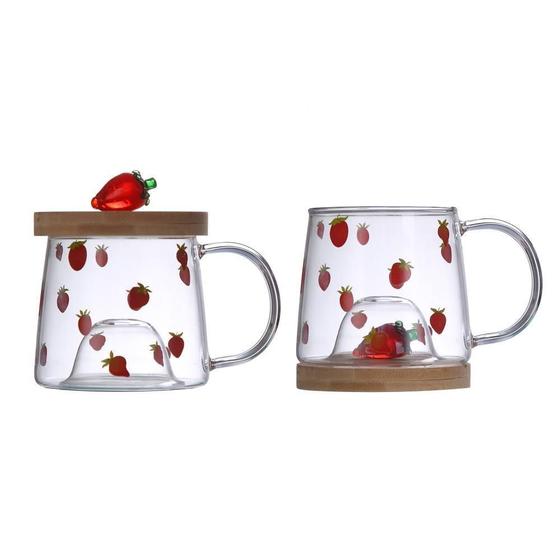 Imagem de Caneca Lyor Morango De Vidro Com Pires De Bambu 350Ml