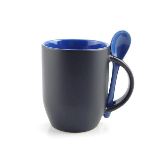 Imagem de Caneca Mágica de Porcelana Preta Fosca com Colher e Interior Azul - 320ml