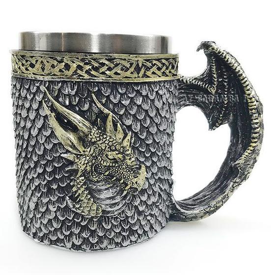 Imagem de Caneca Medieval  Dragão c/ Alça Formato Asa em Resina  Inox p/ Chopp - 400ML (modelo 3)