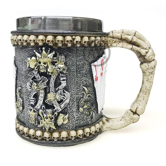 Imagem de Caneca Medieval Rei De Copa, Caveira Baralho Resina/Inox 400ml Chopp