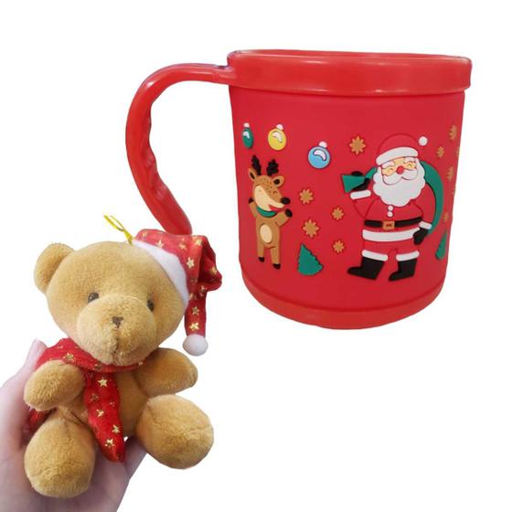 Imagem de Caneca Natalino 200ml + Urso de Pelucia Enfeite Árvore Natal