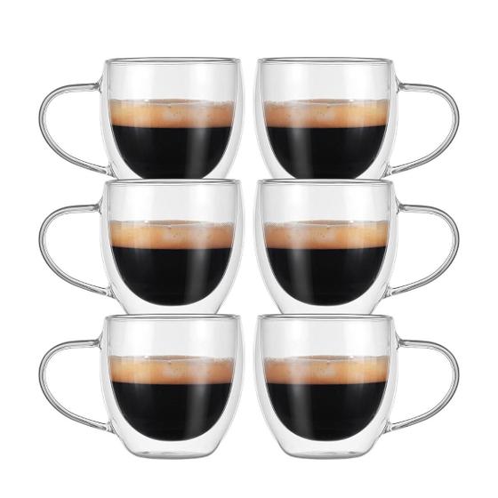 Imagem de Caneca Parede Dupla Xicara Vidro Café Chá 80ml 6 Uni C/ Alça