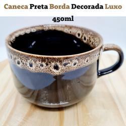 Imagem de Caneca Porcelana Café e Sopa Jumbo Preta Luxo Borda Decorada 480ml