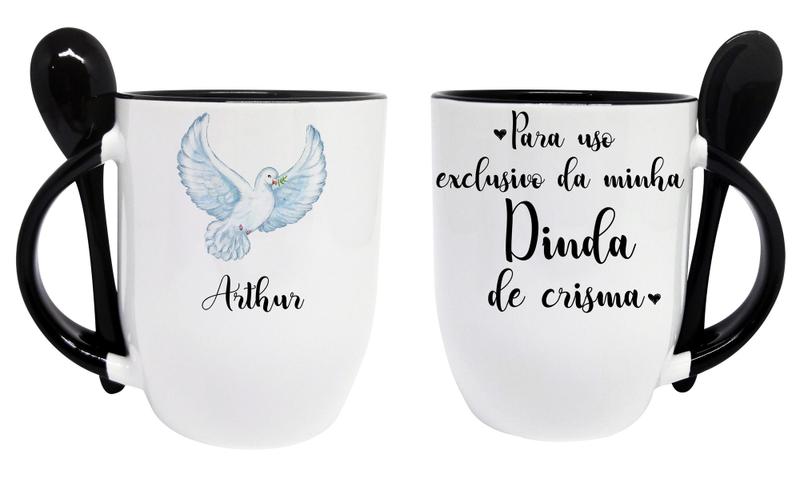 Imagem de Caneca Preta Colher Dinda Madrinha Batizado Crisma De Bebê