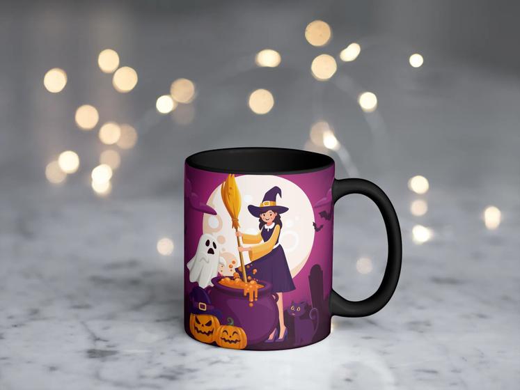 Imagem de Caneca Preta Porcelana Presente 325ml Halloween Bruxa Roxo