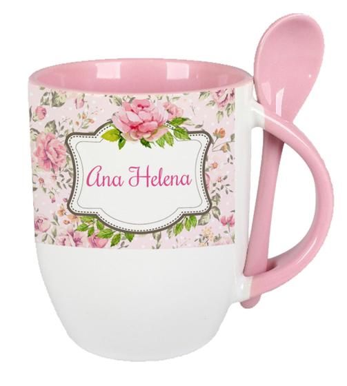 Imagem de Caneca Rosa de Floral com Colher Personalizada