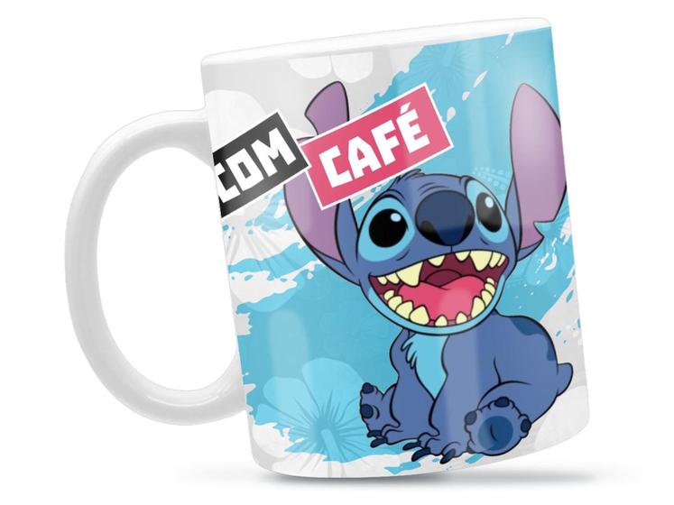 Imagem de Caneca Stitch Com Café Divertida Porcelana Xícara 325ml + Caixa Presente