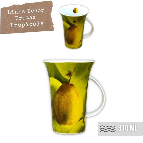 Imagem de Caneca Tulipa Cônica Chá Café Chocolate Quente de Porcelana Fina 310 ml FRUTAS TROPICAIS PERAS