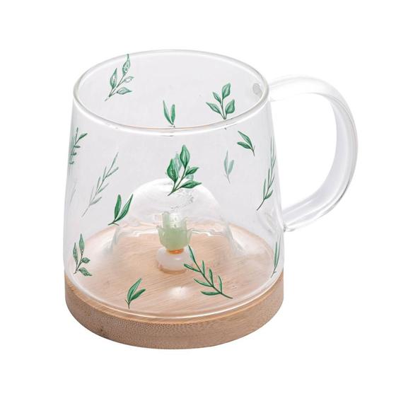 Imagem de Caneca Vidro Resistente Ao Calor Pires Bambu Suculenta 350Ml