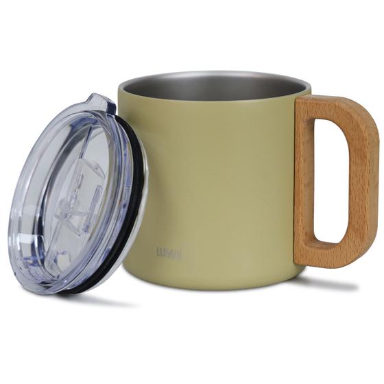 Imagem de Caneca Vietnã Térmica de Aço Inox Parede Dupla Com Tampa e Cabo de Madeira 350ml