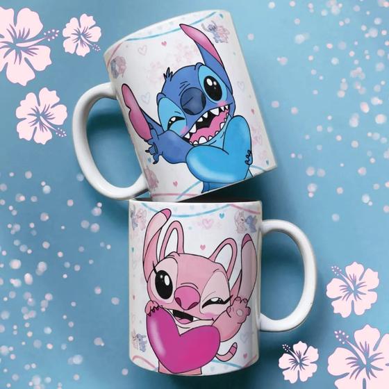 Imagem de Caneca xícara de Porcelana Louça Personalizada Dia dos Namorados  Stitch e Angel Modelos