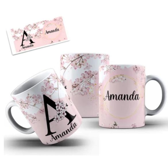 Imagem de Caneca Xícara Porcelana Personalizada Presente Nome e Frase Floral Cerejeira