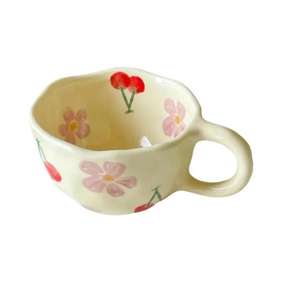 Imagem de Canecas de Cerâmica Coreanas Pintadas à Mão - Estilo Irregular com Flores - Para Chá, Café e Aveia